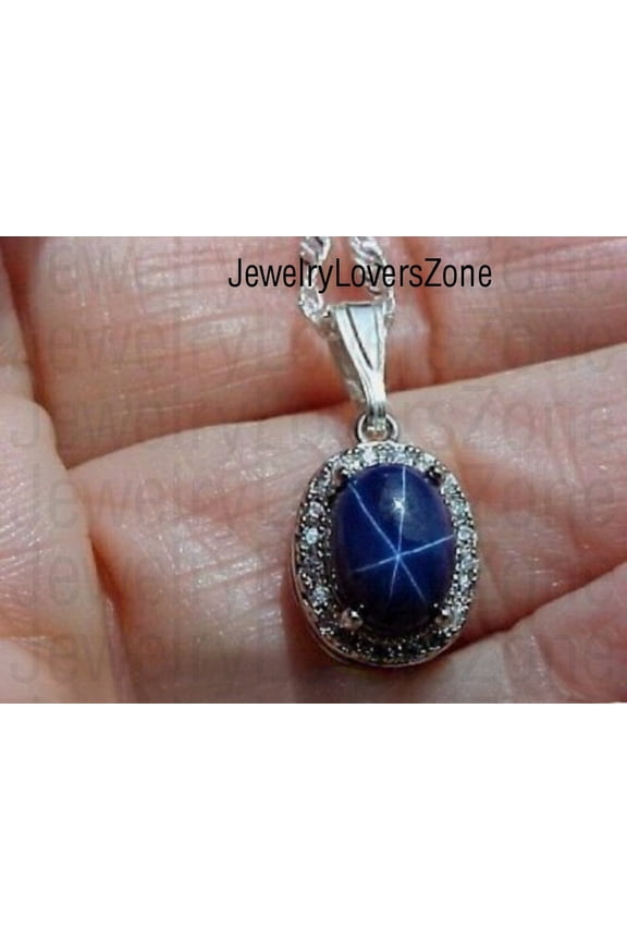 Blue Star Sapphire Necklace 925 Sterling Silver Star Sapphire Pendant with Celestial Glow Handmade Jewelry Gift for Her Black Vermeil 16 Inch