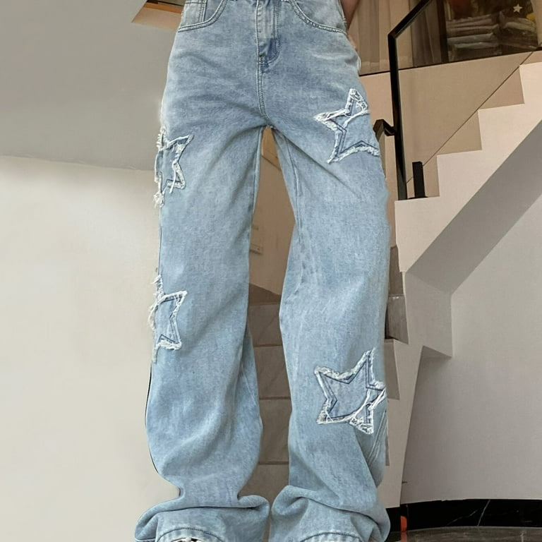 ☆人気☆【Margarin Fingers】☆STAR POCKET DENIM PANT.S☆ Blue Star Shape Patchwork Straight Jeans Loose Fit Slant