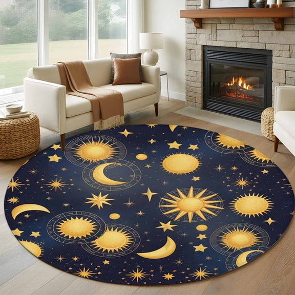 Blue Star Sky 8' Round Area Rug, Retro Fantasy Farmhouse Gold Moon Sun Washable Non-Slip Large Circle Rugs for Living Room Bedroom, Soft Low Pile Rug Carpet for Dining Room Kitchen Farmhouse