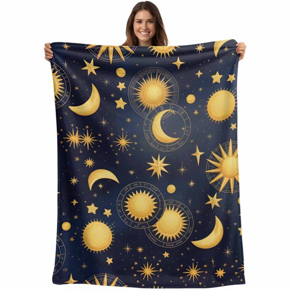 Blue Star Sky Blanket Soft Cozy Warm Throw Blanket for Couch, Plush Fuzzy Flannel Fleece Blankets for Sofa, Retro Fantasy Farmhouse Gold Moon Sun Bed Blankets Lightweight Gifts for Women, 30"x40"