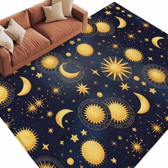 Blue Star Sky Large Area Rugs for Bedroom Living Room, Soft Non Slip Carpet Bedside Rug, Retro Fantasy Farmhouse Gold Moon Sun Rectangular Floor Cover Kitchen Accent Rug 8'x10' for Dining Room/Office