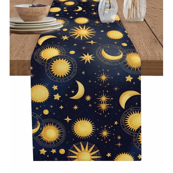 Blue Star Sky Table Runner 36 Inches, Retro Fantasy Farmhouse Gold Moon Sun Bed Runner Dresser Scarves Tabletop for Indoor Outdoor Parties/Ceremony/Banquet, 13"x 36"