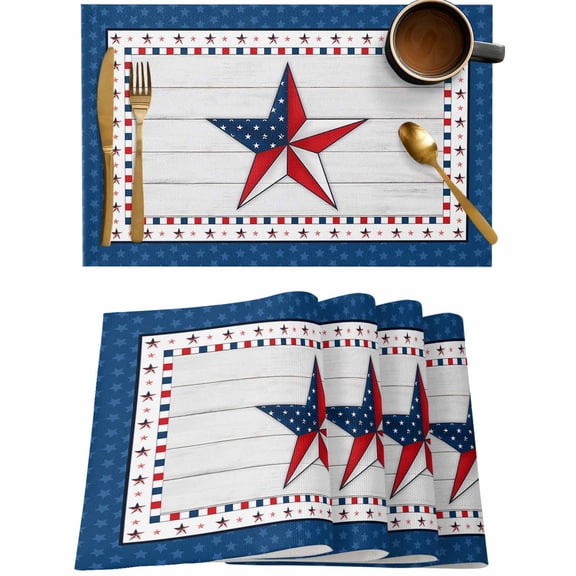 Blue Star Western USA Flag Texas Placemats Set of 4,Wipeable Washable Table Mats for Dining Tables,Farm Retro White Wood Grain Place Mats for Kitchen Event Party Tabletop Decor