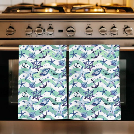 Blue Starfish Anchor Kitchen Towels Set of 1, Summer Coastal Teal Waves Stripe Absorbent Dish Towels for Kitchen, Microfiber Hand Towel, Quick Drying Tea Towel for Cleaning Decorative Dishcloths