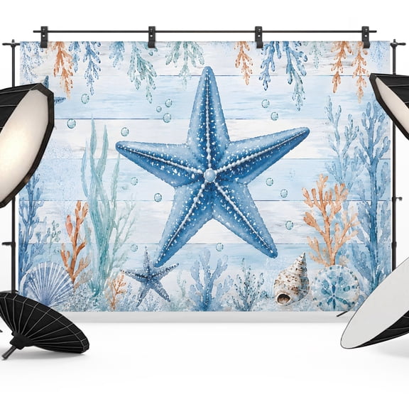 Blue Starfish Backdrops for Photography, Nautical Coastal Shell Bubble Wood Rustic Fabric Photo Background Sturdy Studio Props for Photo Studio, Video Recording, Booth & Photoshoot 7x5ft