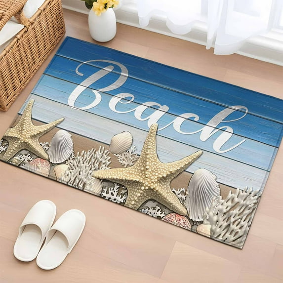 Blue Starfish Bathroom Rug Washable 2x3 Entryway Rug Non Slip Coastal Coral Ocean Ombre Brown Wooden Front Door Mat Low Pile Indoor Doormat Throw Floor Carpet for Kitchen Bedroom Entrance