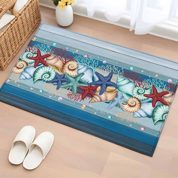Blue Starfish Beach Bathroom Rug Washable 2x3 Entryway Rug Non Slip Summer Conch Coral Coastal Wood Grain Front Door Mat Low Pile Indoor Doormat Throw Floor Carpet for Kitchen Bedroom Entrance