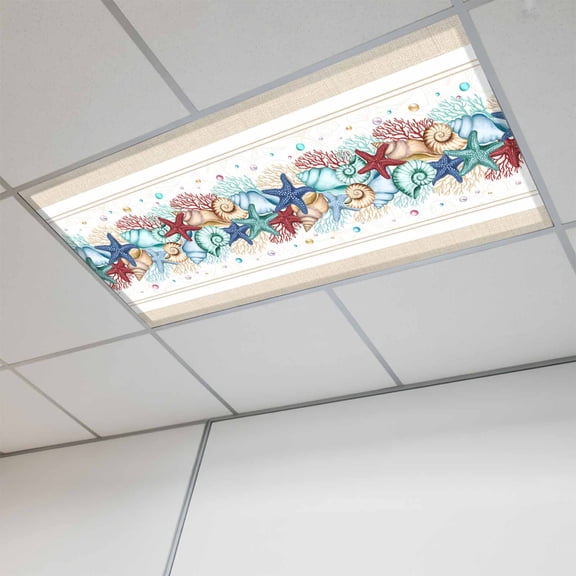 Blue Starfish Beach Fluorescent Light Covers, Summer Coral Conch Coastal Retro Beige Magnetic Light Covers for Ceiling Lights, Fluorescent Ceiling Shade for Classroom Bedroom Office 4x2Ft x 1PCS