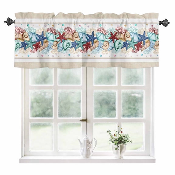 Blue Starfish Beach Kitchen Valances for Windows 42x18 Inch Kitchen Curtains Valances Rod Pocket Summer Coral Conch Coastal Retro Beige Bathroom Window Valances for Window Treatment Decor