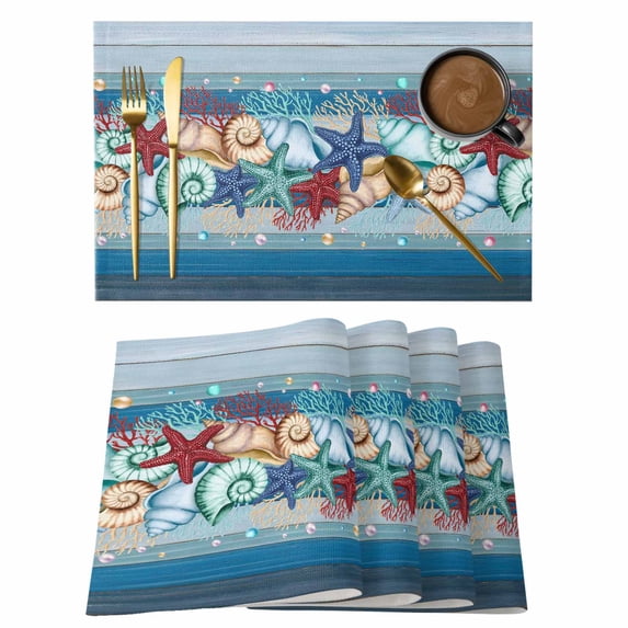 Blue Starfish Beach Placemats Set of 6, Summer Conch Coral Coastal Wood Grain Placemats for Dining Table, Place Mats for Kitchen Tabletop, Waterproof Wipeable Dining Table Mats Set