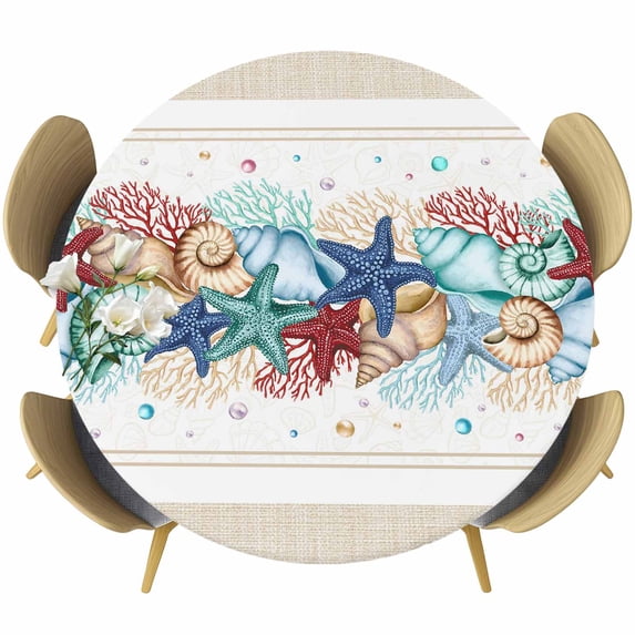 Blue Starfish Beach Round Tablecloth, Fitted Table Cover with Elastic for 45"-54" Round Tables, Summer Coral Conch Coastal Retro Beige Table Cloth Outdoor Indoor Dinning Party Waterproof Tablecloths