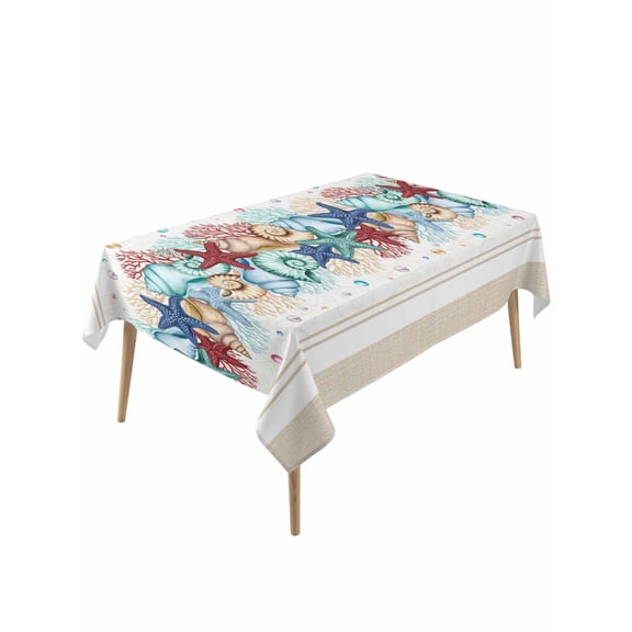 Blue Starfish Beach Table Cloth, Summer Coral Conch Coastal Retro Beige Waterproof Tablecloth for Rectangle Tables, Reusable Washable Fabric Table Cover for Restaurant Kitchen Dining Tables 60"x120"
