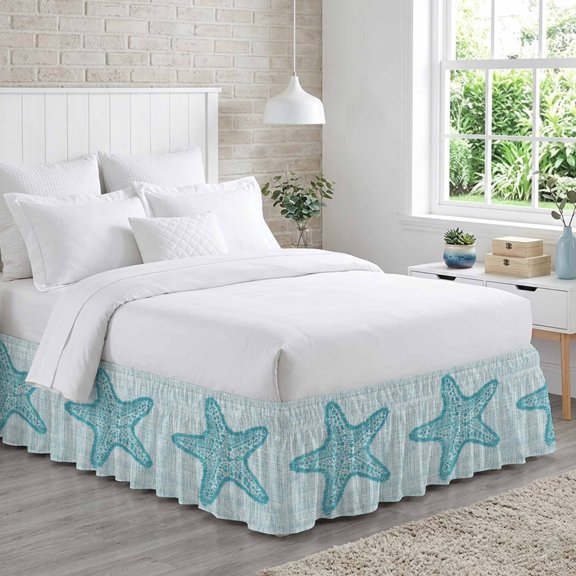 Blue Starfish Bed Skirt King Size 16 Inch Drop, Marine Life Ocean Linen Texture Modern Coastal Adjustable Elastic Dust Ruffles Bedskirt for King Bed Wrap Around Pleated Mattress Frame Cover