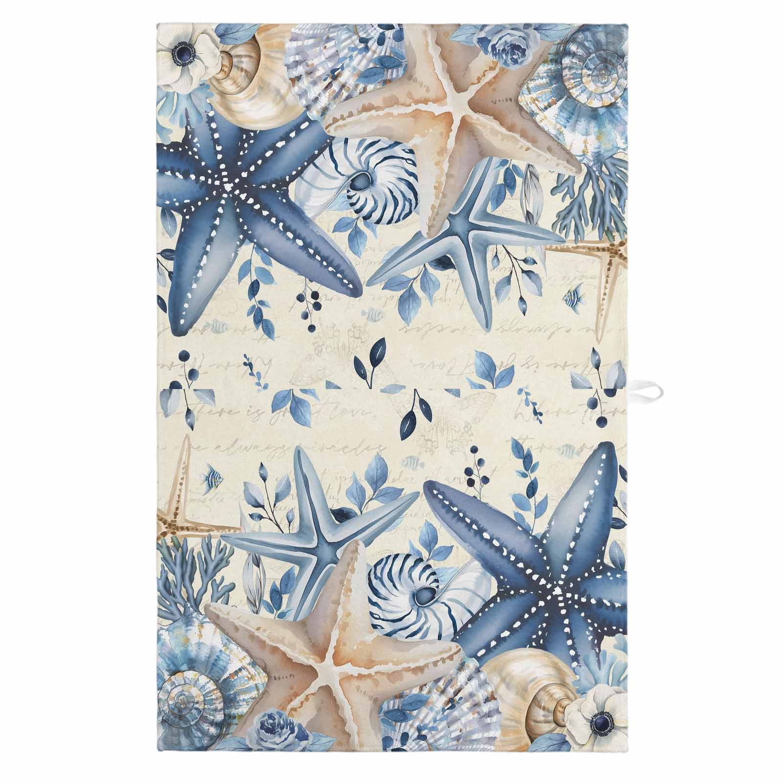 Blue Starfish Coastal 1 Pack Kitchen Towel, Water Absorbent Dish Towel, Eucalyptus Summer Nautical Shell Retro Decorative Hand Towels - Quick Drying Cloth for Cooking Baking, 18x28 Inch