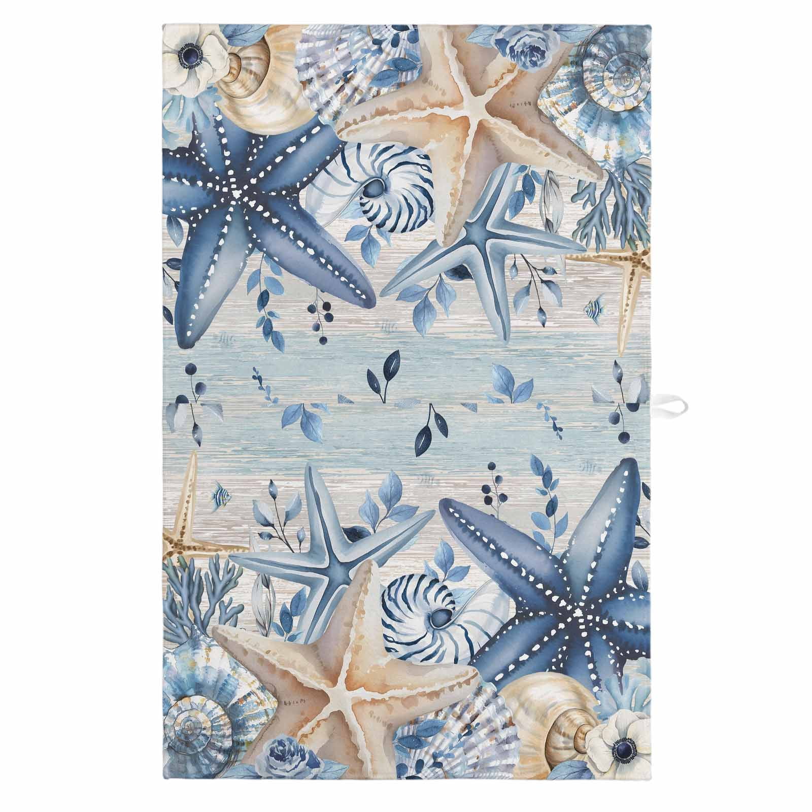 Blue Starfish Coastal 1 Pack Kitchen Towel, Water Absorbent Dish Towel, Eucalyptus Summer Nautical Shell Vintage Decorative Hand Towels - Quick Drying Cloth for Cooking Baking, 18x28 Inch