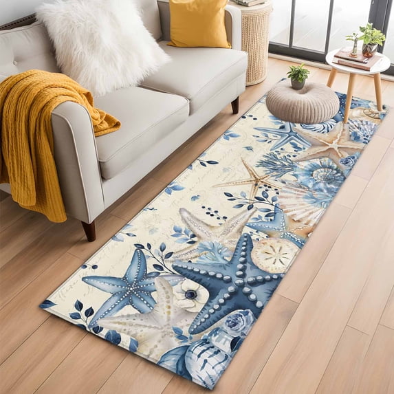 Blue Starfish Coastal 2'x6' Runner Rugs for Hallway Kitchen Bedside Non Slip, Eucalyptus Summer Nautical Shell Retro Entryway Rug Runners with Rubber Backing, Long Carpet Runner for Laundry Room