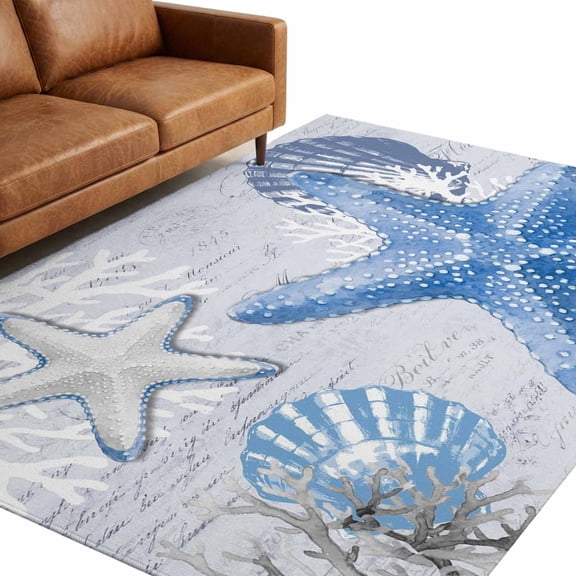 Blue Starfish Coastal 8'x10' Large Area Rugs Summer Nautical Seashells Gray Coral Washable Area Rugs Non-Slip Indoor Floor Mats forLiving Room, Villa Lounge, Activity Room