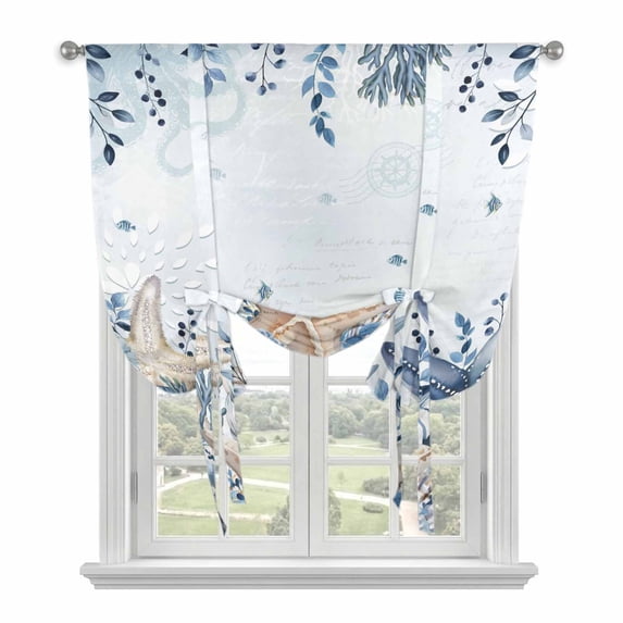 Blue Starfish Coastal Balloon Curtains for Windows, Bedroom Curtains 54 Inch Length, Eucalyptus Summer Nautical Shell Tie Up Curtains Panels Thermal Insulated Bathroom Curtains Window 42"x54"