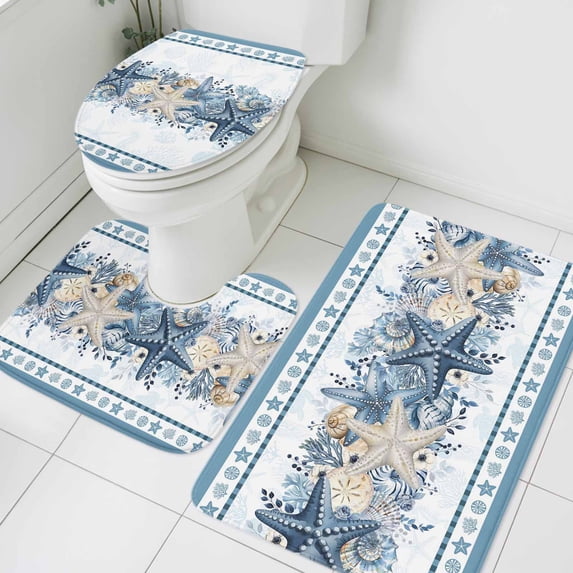 Blue Starfish Coastal Bathroom Rugs Set Ocean Beach Coral Nautical Botanical Non Slip Absorbent Soft Bath Mats 3 Piece Set with Bathroom Rug, U-Shaped Floor Mat, Toilet Seat Cover Small Size