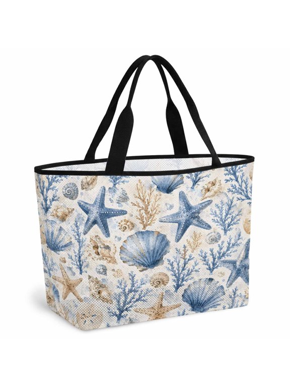 Blue Starfish Coastal Beach Bag for Women, Large Breathable Mesh Beach Tote Bag, Watercolor Coral Shell Conch Sandproof Lightweight Travel Bags for Vacation Picnic Swimming Pool 15.7"x15.7"x9.1"