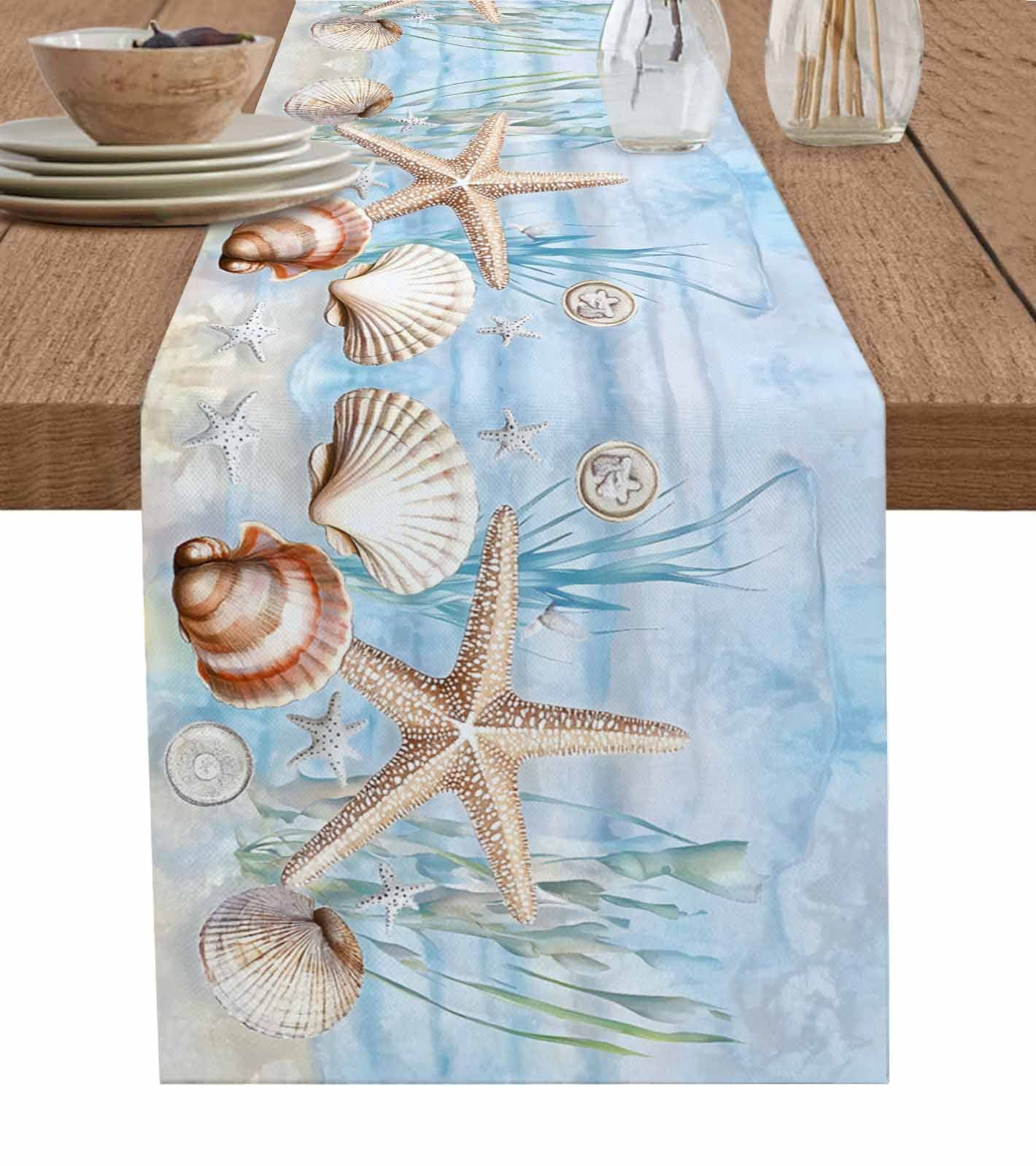 Blue Starfish Coastal Burlap Cotton Table Runner 13x48 Inches Long ...