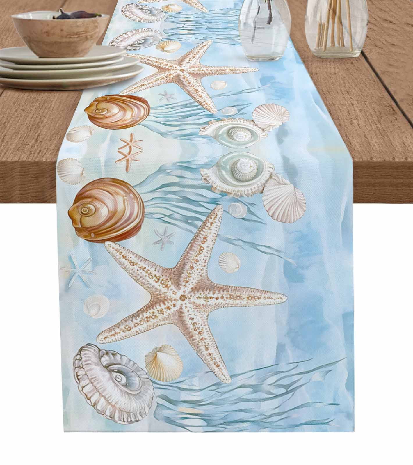 Blue Starfish Coastal Burlap Cotton Table Runner 13x70 Inches Long ...