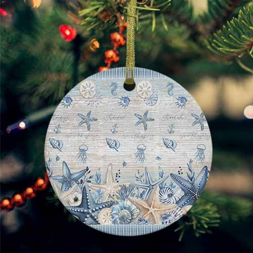 Blue Starfish Coastal Ceramic Ornaments, Summer Beach Nautical Coral Shell Round Porcelain Hanging Ornaments with Gold String, Xmas Decorations Keepsake Gifts for Holiday Home Party 3''