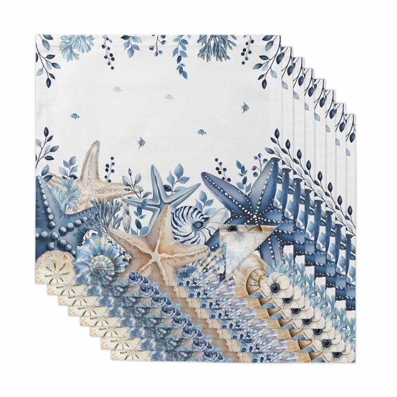 Blue Starfish Coastal Cloth Napkins, Eucalyptus Summer Nautical Shell Ocean Washable and Reusable Dinner Napkins Set of 8, Table Napkin for Kitchen Party Birthday Wedding Hotel Housewarming 20"x20"