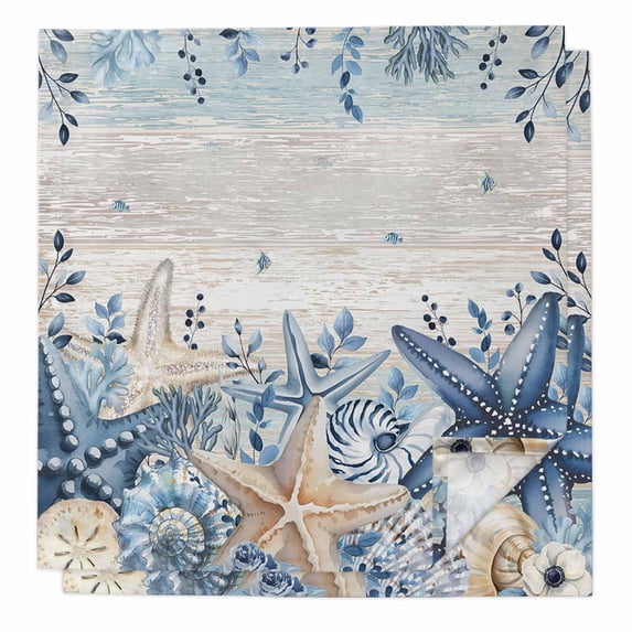 Blue Starfish Coastal Cloth Napkins, Eucalyptus Summer Nautical Shell Vintage Washable and Reusable Dinner Napkins Set of 2, Table Napkin for Kitchen Party Birthday Wedding Hotel Housewarming 20"x20"