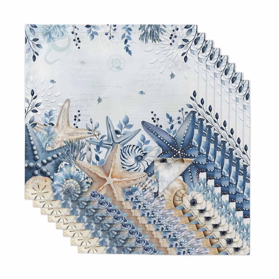Blue Starfish Coastal Cloth Napkins, Eucalyptus Summer Nautical Shell Washable and Reusable Dinner Napkins Set of 8, Table Napkin for Kitchen Party Birthday Wedding Hotel Housewarming 20"x20"