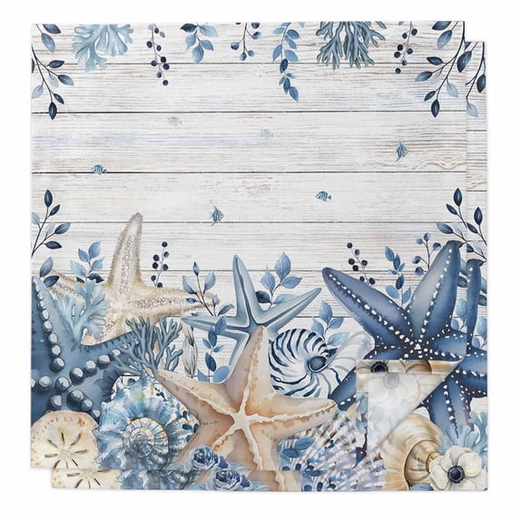 Blue Starfish Coastal Cloth Napkins, Eucalyptus Summer Nautical Shell Wooden Washable and Reusable Dinner Napkins Set of 2, Table Napkin for Kitchen Party Birthday Wedding Hotel Housewarming 20"x20"