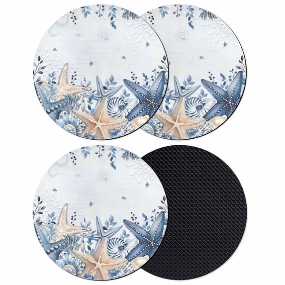 Blue Starfish Coastal Coasters Set of 4, Absorbent Coasters for Drinks, Eucalyptus Summer Nautical Shell Coaster for Desk Coffee Table Protection, Home Decor House Warming Gifts 4"