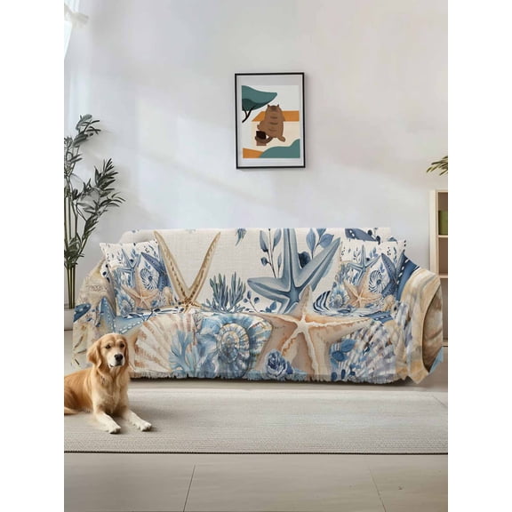 Blue Starfish Coastal Couch Cover, Eucalyptus Summer Nautical Shell Rustic Oversized Sofa Cover Blanket for 3 Cushion Couch, Sectional Sofa Slipcover Protector for Living Room Bedroom 71''x150''