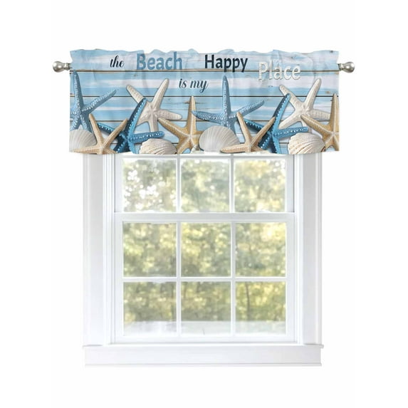 Blue Starfish Coastal Curtain Valances for Windows, Nautical Shell Summer Beach Vintage Kitchen Valance Window Treatment, Light Filtering Block Curtains for Bathroom/Bedroom/Living Room 60'' x 18''