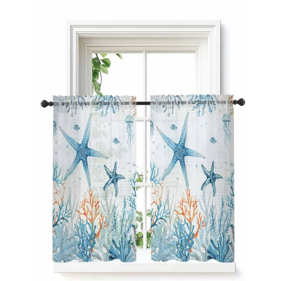 Blue Starfish Coastal Curtains 54 Inch Length,Sheer Curtains for Bedroom Living Room Window Summer Beach Sea Ocean Coral Jellyfish Voile Drapes Kitchen Curtains Small Half Window 42"x54" 2 Panels