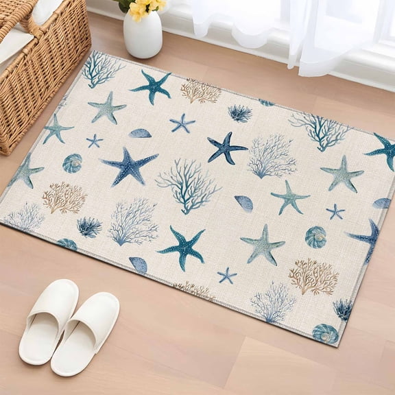 Blue Starfish Coastal Entryway Rug 2'x3' Non Slip Front Door Mats, Summer Beach Coral Linen Texture Entrance Rugs Indoor Outdoor Carpet, Washable Floor Mats Small Area Rug for Bedroom Kitchen