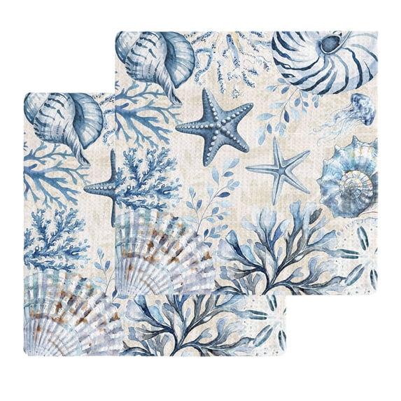 Blue Starfish Coastal Kitchen Dish Towels for Drying Dishes Set of 2, Nautical Summer Beach Shell Coral Waffle Weave Microfiber Hand Tea Bathroom Towels Quick Dry & Absorbent Towel 12x12