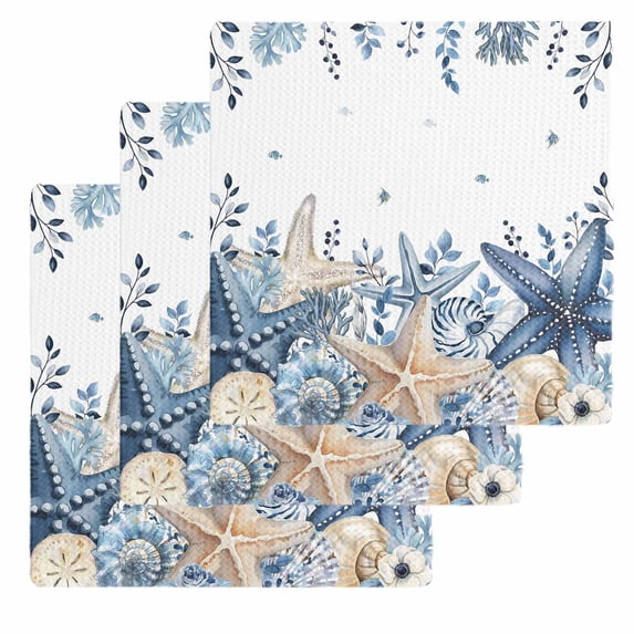 Blue Starfish Coastal Kitchen Dish Towels for Drying Dishes Set of 3, Eucalyptus Summer Nautical Shell Ocean Waffle Weave Microfiber Hand Tea Bathroom Towels Quick Dry & Absorbent Towel 12x12