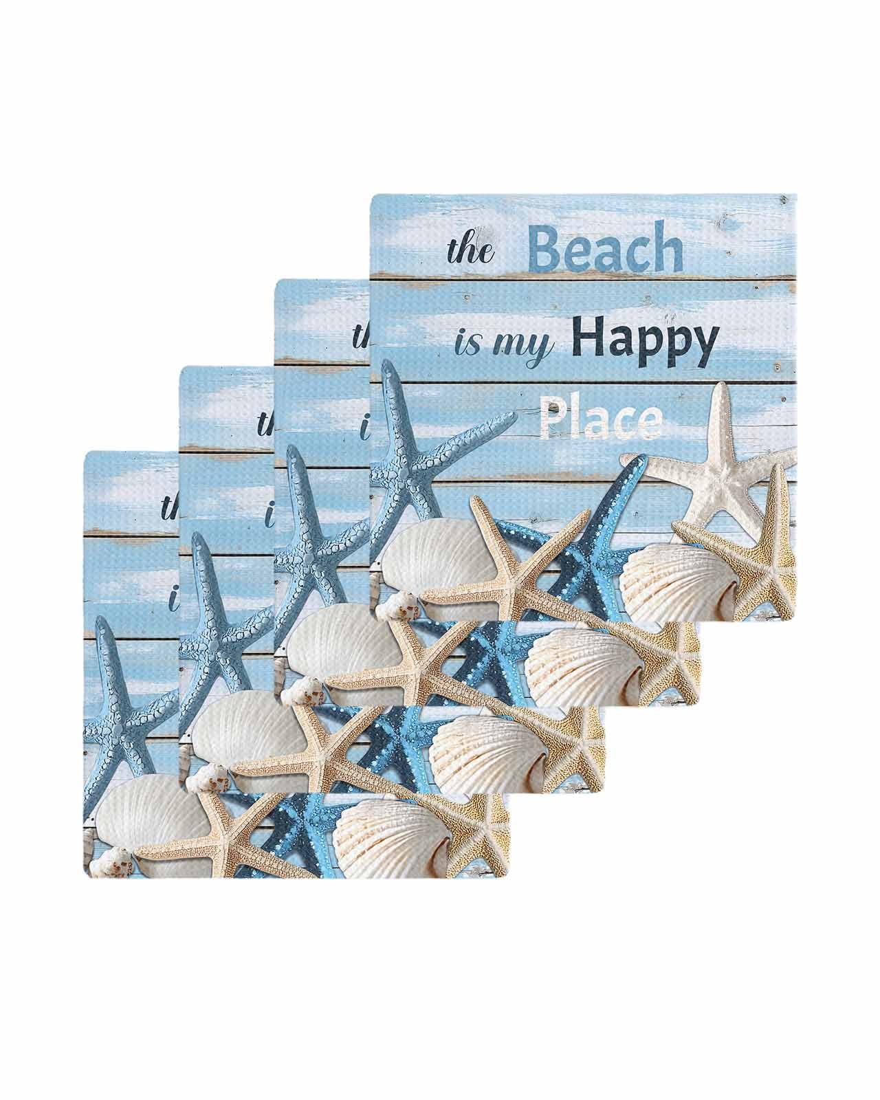 Blue Starfish Coastal Kitchen Dish Towels for Drying Dishes Set of 4, Nautical Shell Summer Beach Vintage Waffle Weave Microfiber Terry Hand Tea Bathroom Towels Quick Dry & Absorbent Towel 12x12