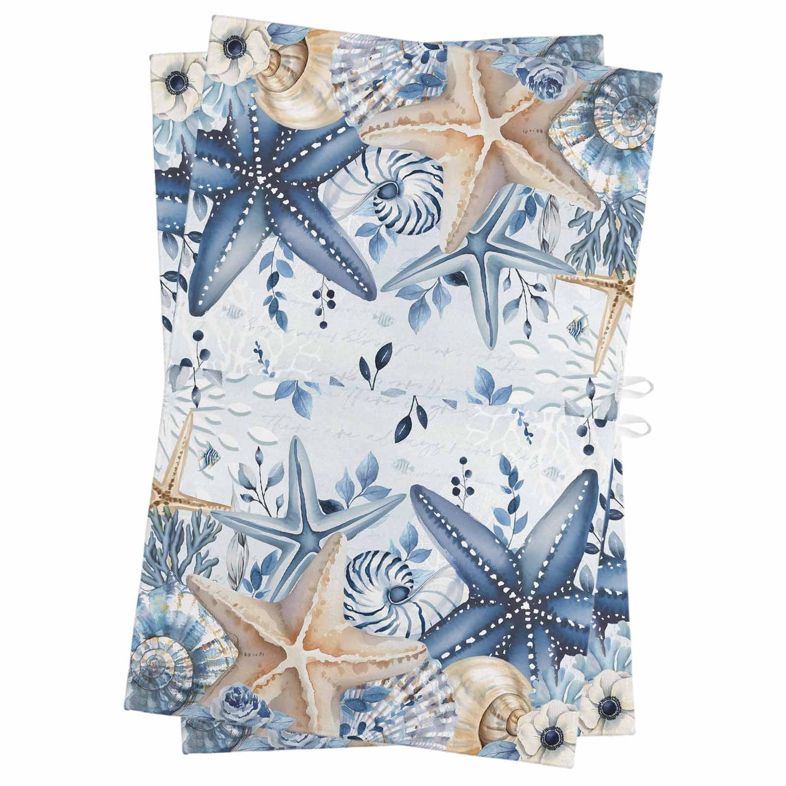 Blue Starfish Coastal Kitchen Towels Set of 2, Water Absorbent Dish Towel, Eucalyptus Summer Nautical Shell Decorative Hand Towels - Quick Drying Cloth for Cooking Baking, 18x28 Inch
