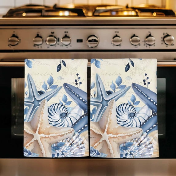 Blue Starfish Coastal Kitchen Towels Set of 4, Eucalyptus Summer Nautical Shell Retro Absorbent Dish Towels for Kitchen, Microfiber Hand Towel, Quick Drying Tea Towel for Cleaning Dishcloths