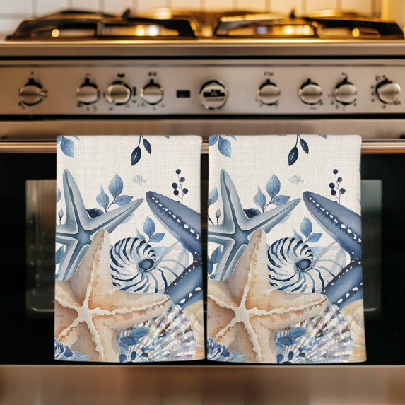 Blue Starfish Coastal Kitchen Towels Set of 4, Eucalyptus Summer Nautical Shell Rustic Absorbent Dish Towels for Kitchen, Microfiber Hand Towel, Quick Drying Tea Towel for Cleaning Dishcloths