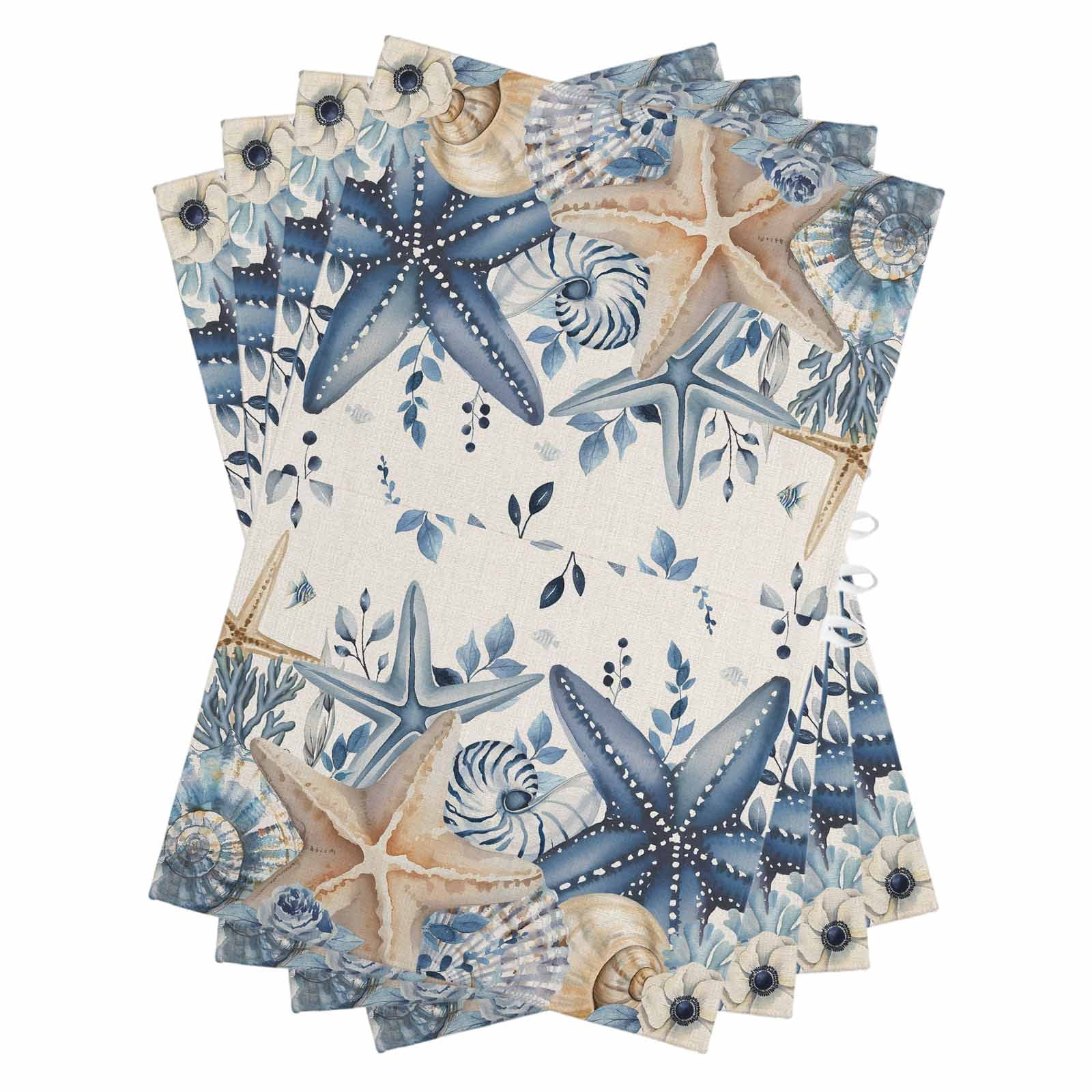 Blue Starfish Coastal Kitchen Towels Set of 4, Water Absorbent Dish Towel, Eucalyptus Summer Nautical Shell Rustic Decorative Hand Towels - Quick Drying Cloth for Cooking Baking, 18x28 Inch