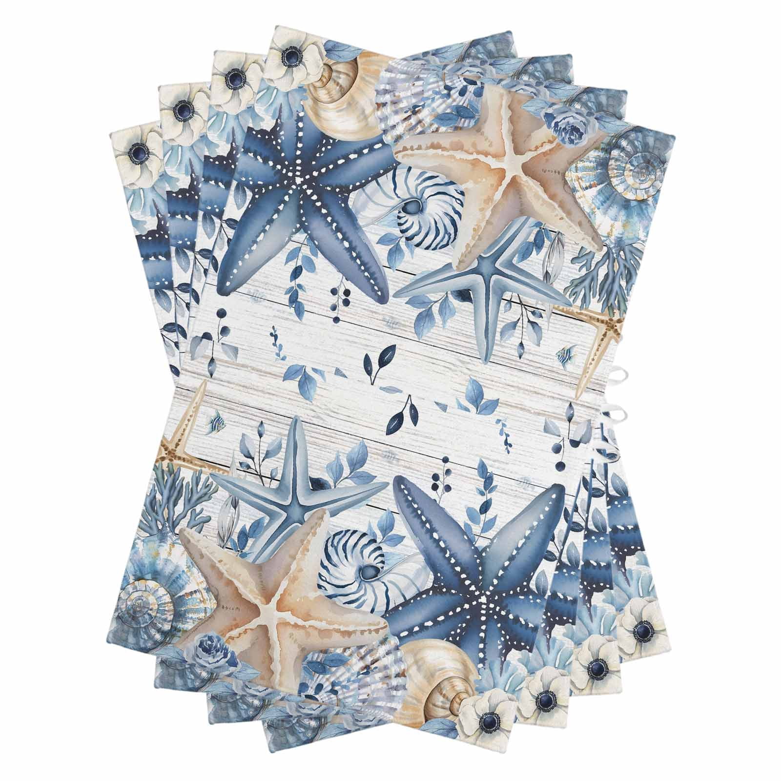 Blue Starfish Coastal Kitchen Towels Set of 4, Water Absorbent Dish Towel, Eucalyptus Summer Nautical Shell Wooden Decorative Hand Towels - Quick Drying Cloth for Cooking Baking, 18x28 Inch