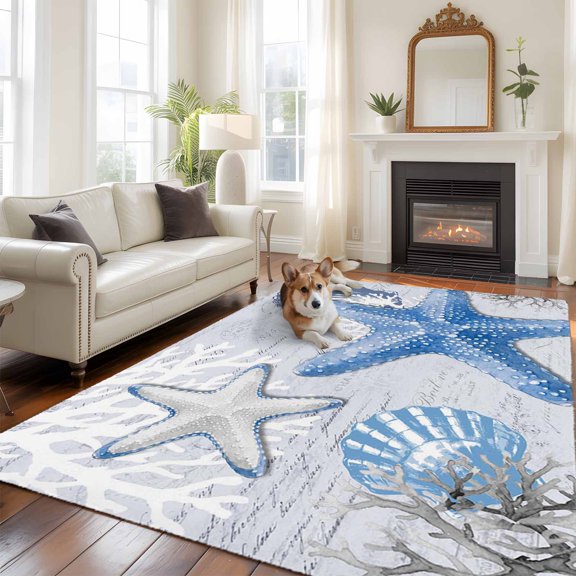 Blue Starfish Coastal Large Area Rugs 6x9ft Summer Nautical Seashells Gray Coral Washable Rug, Non Slip Indoor Carpet Absorbent Floor Mat for Living Room Bedroom Dining Room