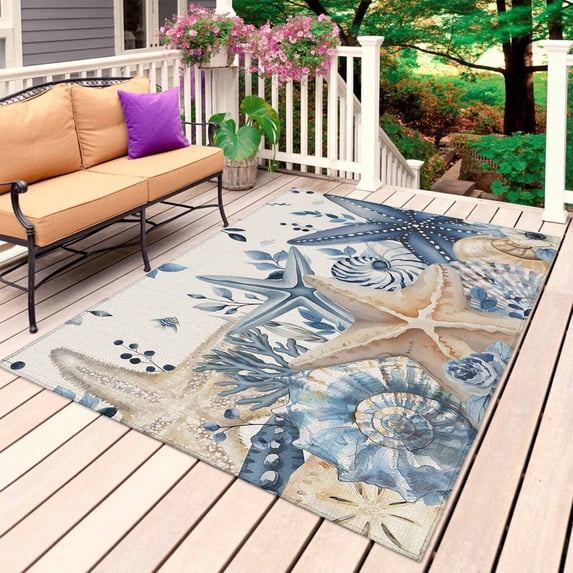 Blue Starfish Coastal Outdoor Rug 5x8 Ft, Non Slip Washable Area Rug, Eucalyptus Summer Nautical Shell Rustic Patio Rugs Carpet Runner, Large Floor Mat for Indoor/Outdoor Deck Porch Camping