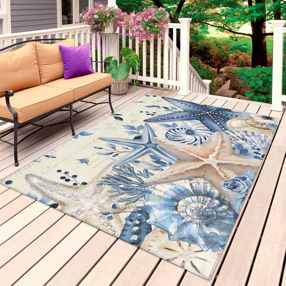 Blue Starfish Coastal Outdoor Rug 6x9 Ft, Non Slip Washable Area Rug, Eucalyptus Summer Nautical Shell Retro Patio Rugs Carpet Runner, Large Floor Mat for Indoor/Outdoor Deck Porch Camping