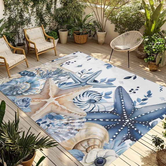 Blue Starfish Coastal Outdoor Rug for Patio/Deck/Porch, Non-Slip Large Area Rug 3 x 5 Ft, Eucalyptus Summer Nautical Shell Ocean Indoor Outdoor Rugs Washable Area Rugs, Camping Rug Carpet Runner