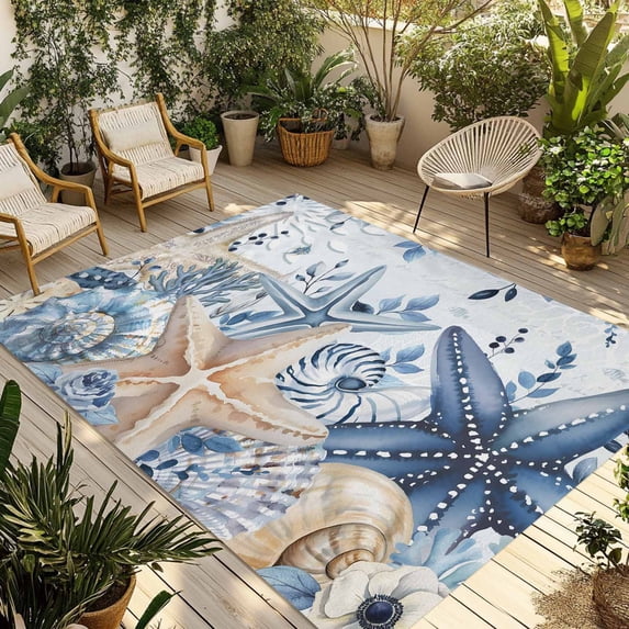 Blue Starfish Coastal Outdoor Rug for Patio/Deck/Porch, Non-Slip Large Area Rug 5 x 7 Ft, Eucalyptus Summer Nautical Shell Indoor Outdoor Rugs Washable Area Rugs, Reversible Camping Rug Carpet Runner