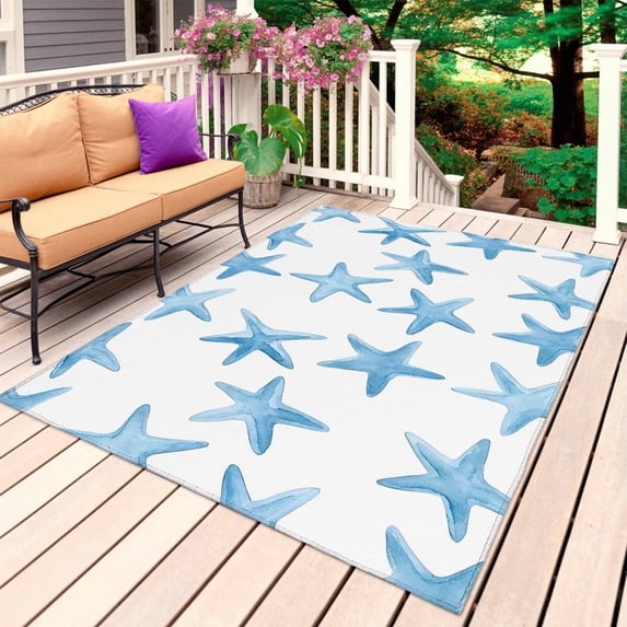 Blue Starfish Coastal Outdoor Rug for Patio/Deck/Porch, Non-Slip Large Area Rug 5 x 8 Ft, Nautical Summer Ocean Modern Indoor Outdoor Rugs Washable Area Rugs, Reversible Camping Rug Carpet Runner